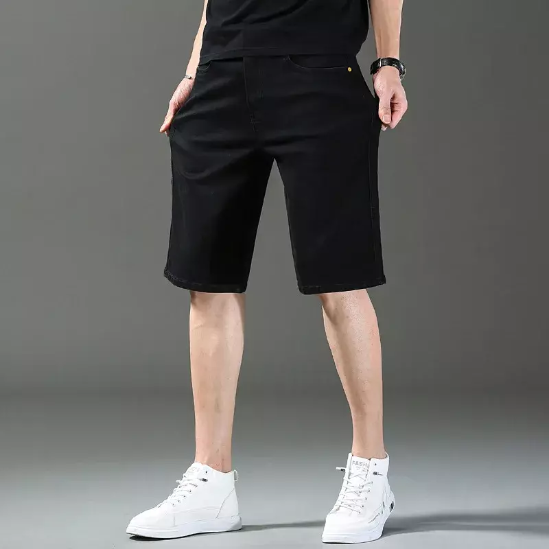 Celana pendek Denim hitam murni pria, Jeans ukuran besar bergaris panjang selutut longgar tipis ukuran 42 44 46 untuk lelaki musim panas