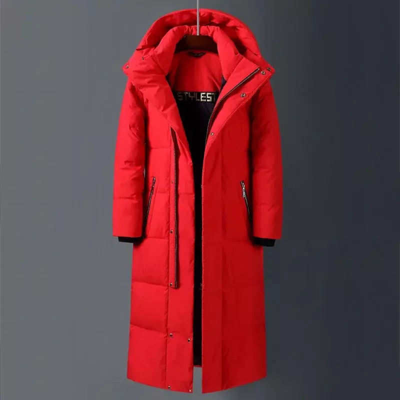 Мужские и женские брендовые красные длинные пуховики, новинка 2024, зимние плотные теплые куртки выше колена со съемной шапкой, мужские куртки, Канадское Пальто 5XL