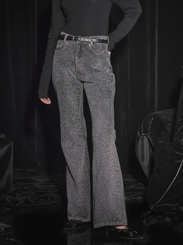 Celana Jeans Y2k wanita, celana Denim lurus Retro pakaian jalanan kaki lebar, celana kasual pinggang tinggi bercetak macan tutul modis 2024
