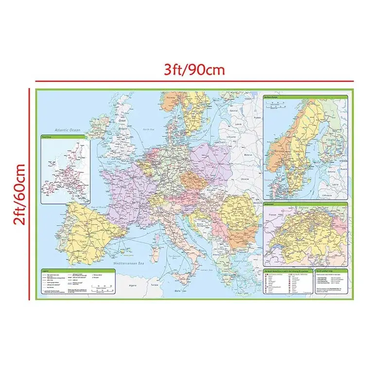 The Europe Political and Traffic Map with Details 90*60cm Canvas Painting Wall Art Posters and Prints Home Decor School Supplies