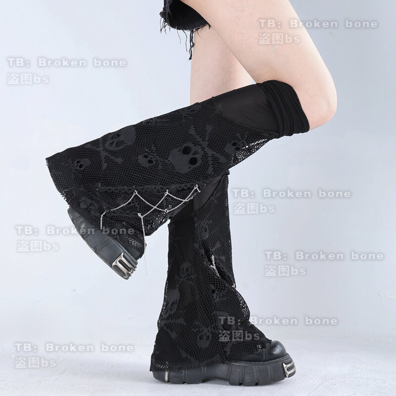 جوارب على شكل جمجمة هاراجوكو يابانية كم ركبة تحت ثقافة البانك شبكة سكول فوق الركبة جوارب سوداء ضيقة على الساق