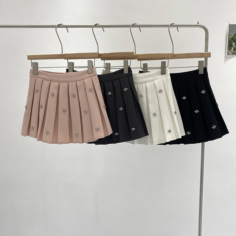 2024 Wiosenna mini spódniczka Harajuku Women Diamond Setting A-line Odzież damska Bawełniane modne spódnice z wysokim stanem Slim