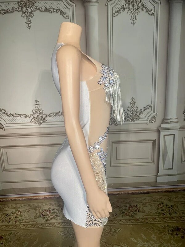 Mini robe en maille sans bretelles avec glands personnalisés pour dames, voir à travers la batterie, diamant, mode, fête d'anniversaire, sexy, nouveau, JOFashion