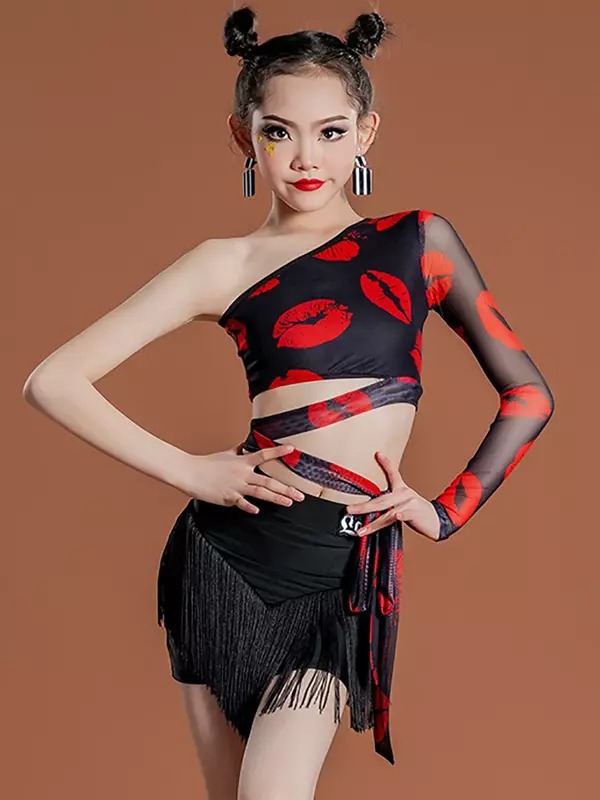 Baju dansa Anak Lolita, baju latihan pertunjukan rumbai Latin, kostum anak perempuan satu bahu Cha Samba untuk latihan dansa