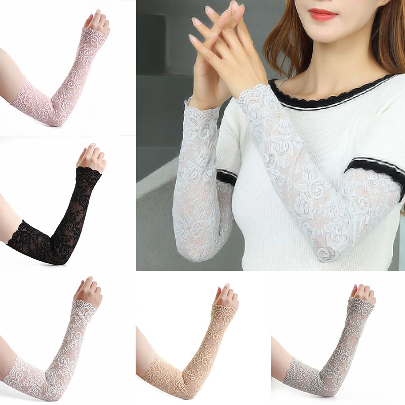 Summer Sunscreen Lace Arm Sleeve for Women Sexy Long Lace Gloves Ladies Fingerless Gloves Elastic Sleeve Mittens Driving Gloves