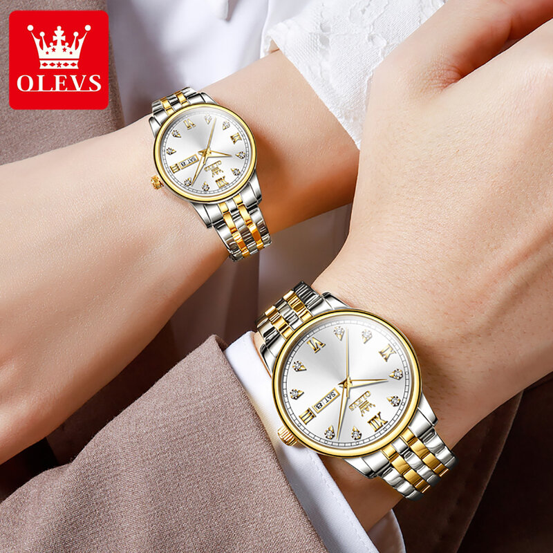OLEVS 패션 커플 쿼츠 시계 남녀공용, 럭셔리 스테인레스 스틸, 방수 발광 주간 달력 비즈니스 시계