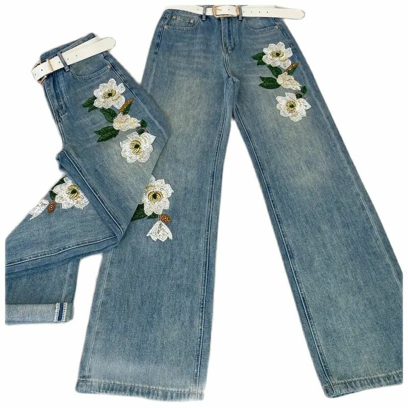 Jeans bunga bordir payet wanita Amerika musim panas Niche pinggang tinggi longgar lurus kasual kaki lebar lantai celana Ins