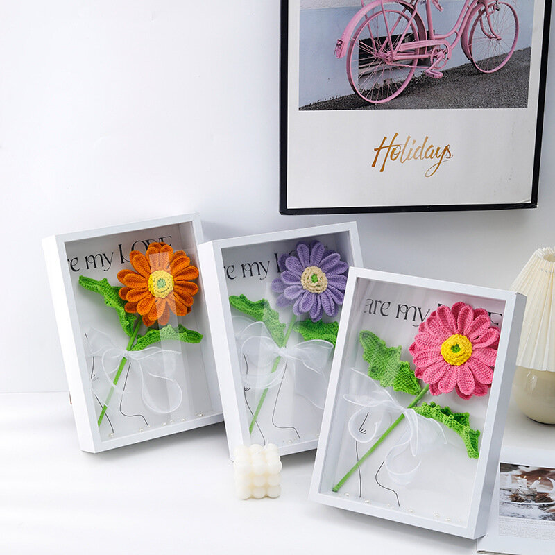 양모 크로셰 수제 꽃 거베라 디퓨저 사진 프레임, 완성 된 꽃다발 선물, 가족 및 친구용 가구 장식품