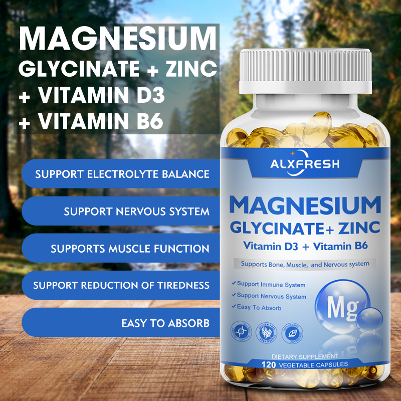 Suplemento de Glicinato de Magnésio com Zinco, Vitamina D3 B6, Suporte de Alta Absorção para Mulheres e Homens, Cápsulas Vegetais Sem OGM, 500mg