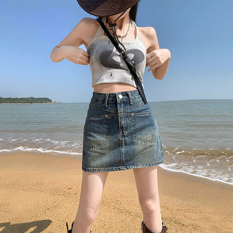 Nighpha Retro Denim Short Skirt for Women Korean Style High Waisted Casual A-line Mini Skirt Summer