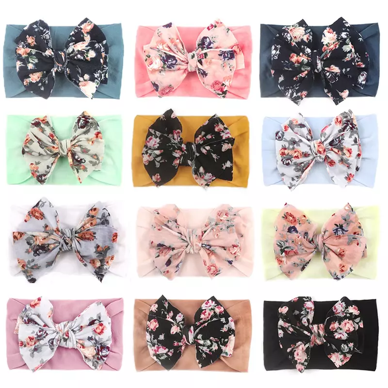 Cute Bohemia Elastic Printed Flower Kids Headband Newborn Infant Knot Bows Headwraps Baby Girls Headwear Gifts Photo Props