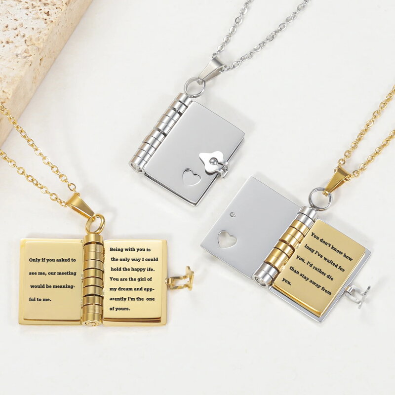 MYLONGINGCHARM Personalized Book Pendant Necklace Custom Multi-page Book Pendant Engrave Love Words Necklace