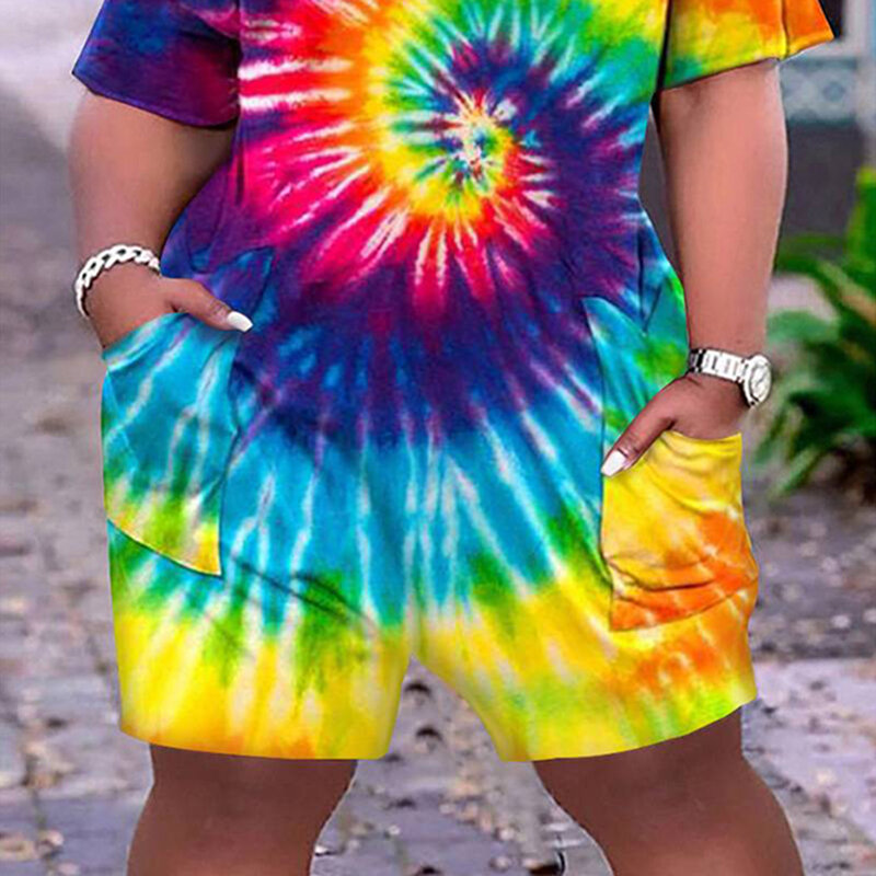 Plus Size Multicolor Daily Tie-Dye Print V-Neck With Pocket Rainbow Rompers