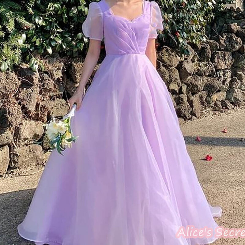 A-Line Organza Prom Dresses Long Evening Gown Short Puff Sleeves Square Neck Pleated Floor Length Lace Up Back Korea Style Sweep