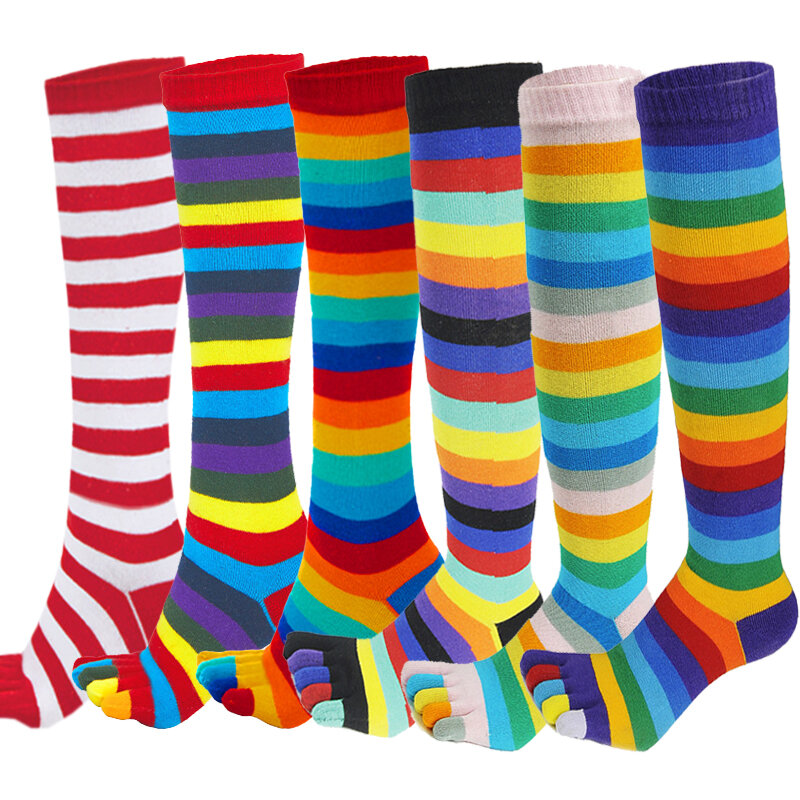 Women Girls Split Toe Calf Socks Rainbow Stockings Colorful Striped Clover Printed Happy Sock Cotton 5 Finger Long Sox Fashions