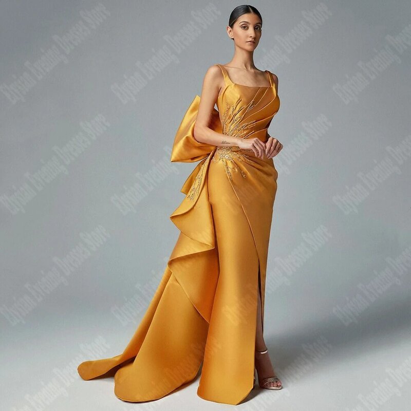 Vestidos De Noche De satén plisados dorados para mujer, Vestidos De ocasión formales con lazo 3D De gran tamaño, Vestidos brillantes De Noche, nueva moda