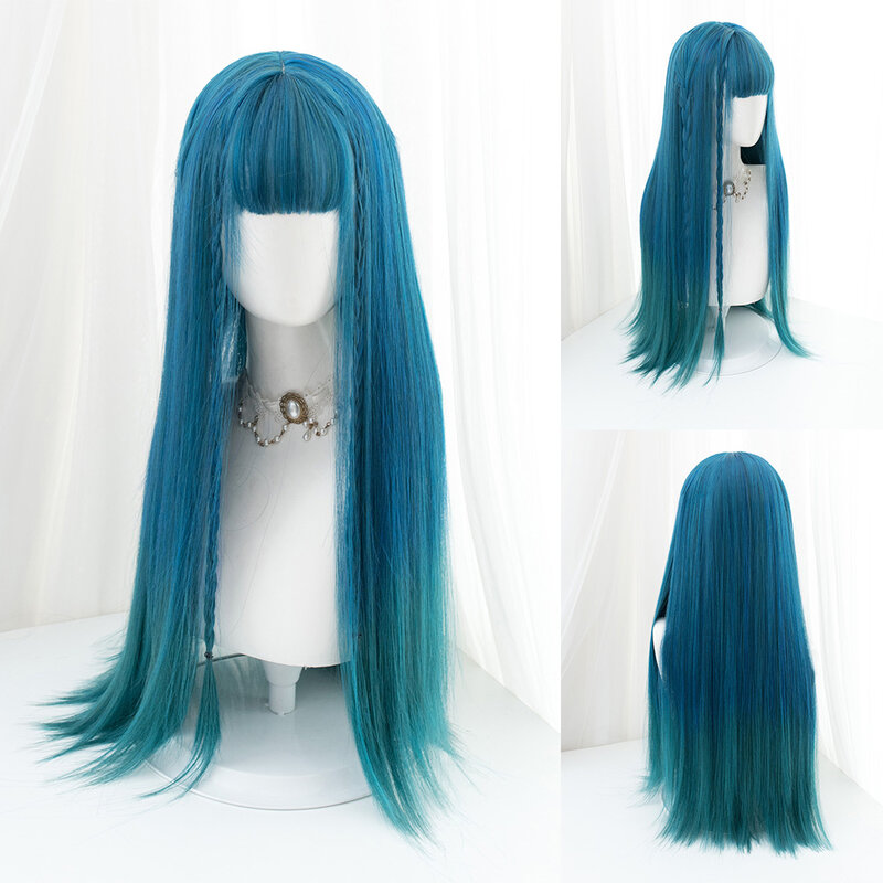 Wig sintetik warna hijau gradien biru 30 inci dengan Wig panjang lurus alami untuk wanita Cosplay tahan panas Lolita