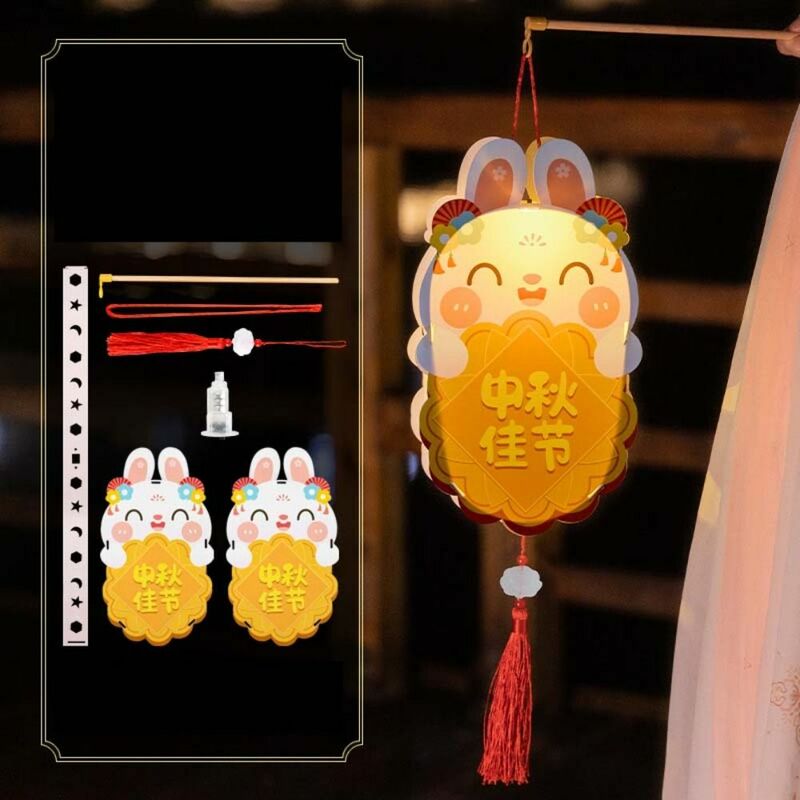 Lentera kelinci Jade, Festival Pertengahan Musim Gugur DIY, lentera DIY, bahan lampu cahaya, lentera kelinci portabel bentuk kelinci
