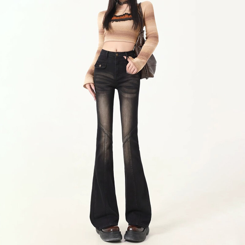 Black and gray retro micro flare jeans female spring and autumn models high-waisted thin horseshoe pants small drag pants