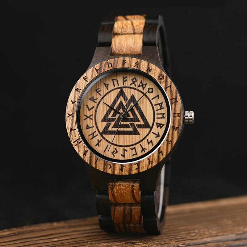 BOBO BIRD jam tangan kayu antik jam tangan simbol pria Viking Warriors dengan Helm Awe vegvissir jam tangan untuk pria hadiah