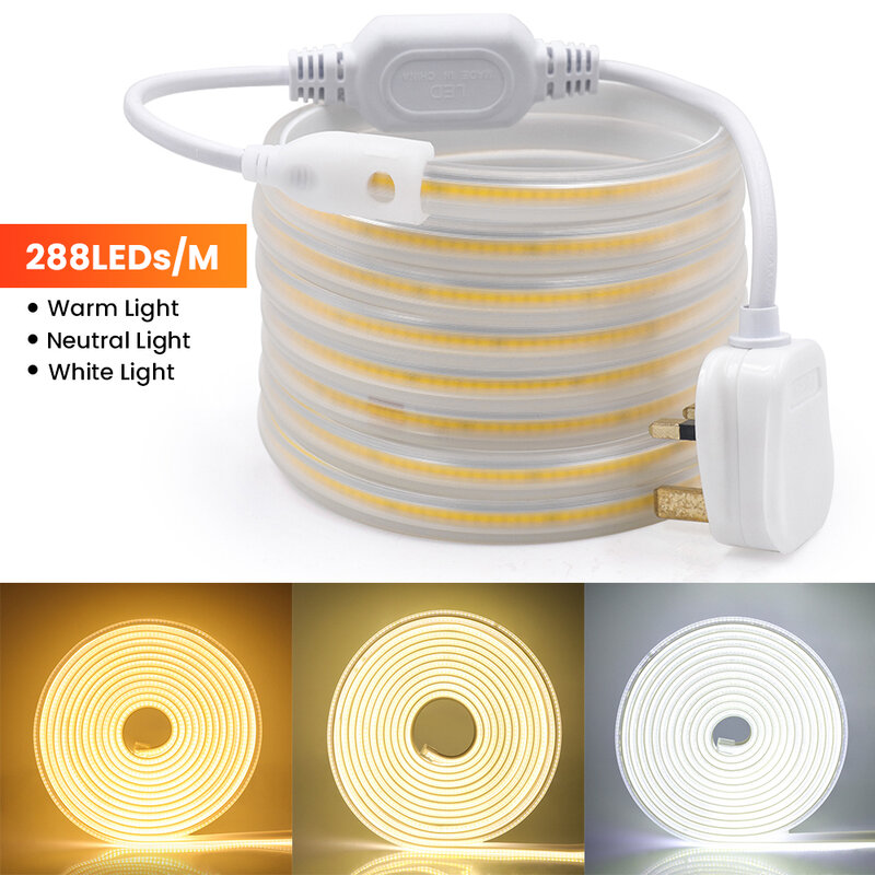 220V 110V Dimmable COB LED Strip Light with Switch Plug 288leds/m Super Bright Flexible COB Light Waterproof Outdoor LED Ribbon