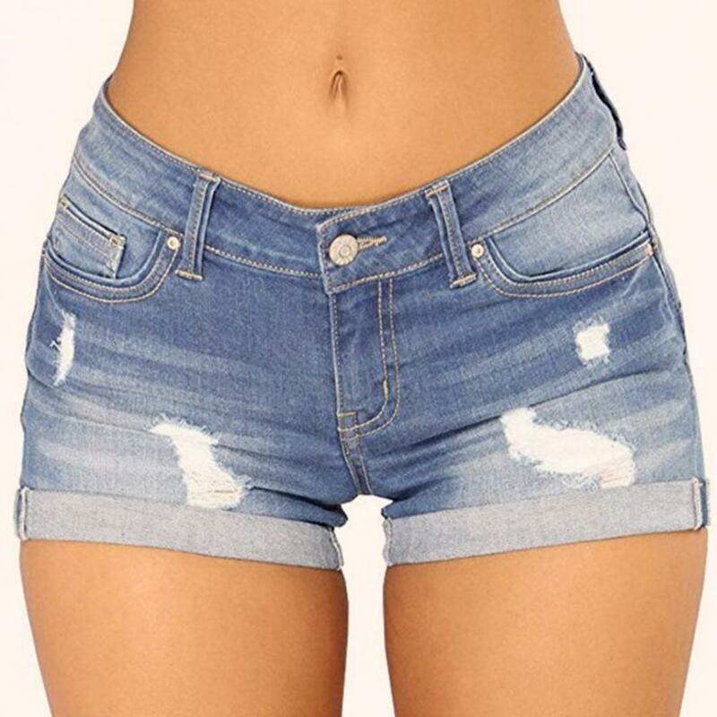 กางเกงยีนส์เอวกลางมีรอยขาดสำหรับผู้หญิง, กางเกงยีนส์ยีนส์ขาสั้นนุ่มสีพื้นสำหรับ celana pendek DENIM ฤดูร้อน