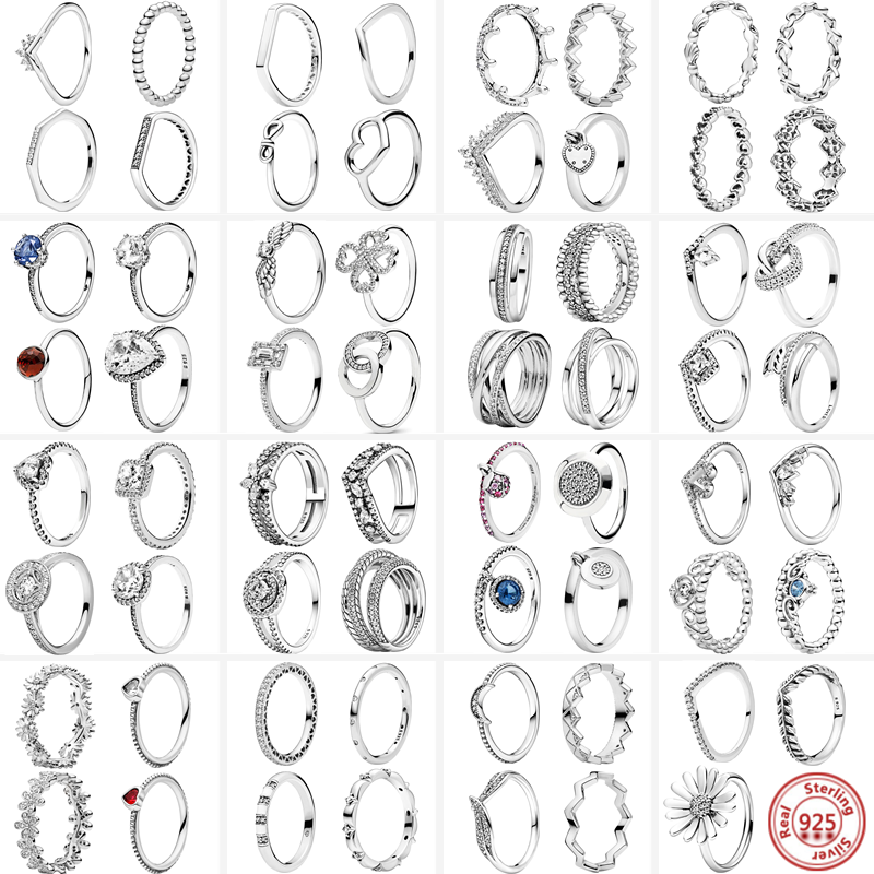 Anéis de sorte autênticos de prata esterlina 925 para mulheres, tiara de princesa, coroa, amor, coração, quadrado, zircão, espumante, pavê pantaro, joias