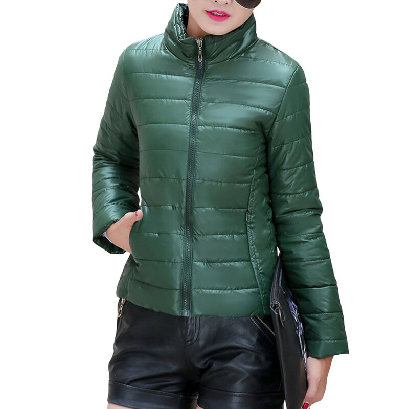 Mantel empuk ritsleting wanita, jaket gelembung pendek dipertebal warna Solid cocok untuk belanja