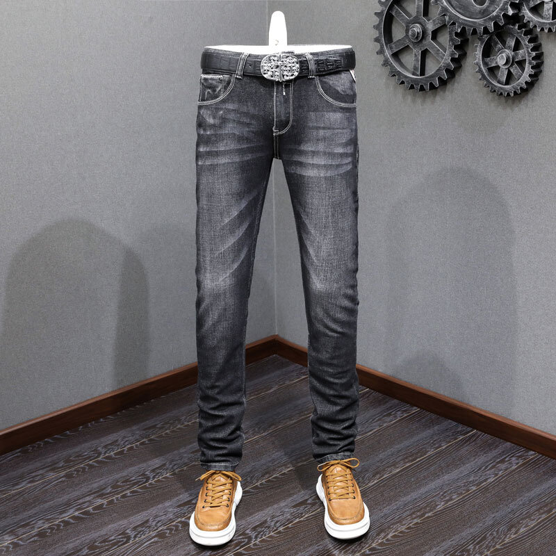 Celana Jeans pria desainer mode celana Denim kasual pria Fit ramping melar hitam abu-abu Retro kualitas tinggi