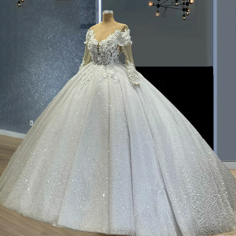 Precioso vestido de novia de princesa con Apliques de encaje, manga larga, vestidos de baile con cuentas, flores 3D, bata de novia de lujo para matrimonio, 2024