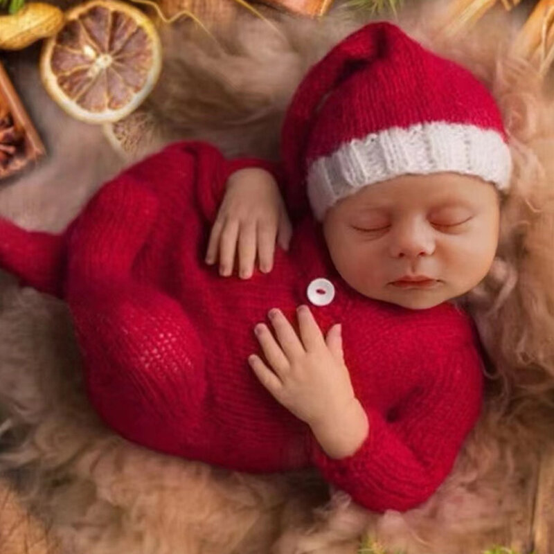 Alat peraga fotografi baru lahir, Jumpsuit topi rajut motif Natal, aksesori Bodysuit untuk bayi