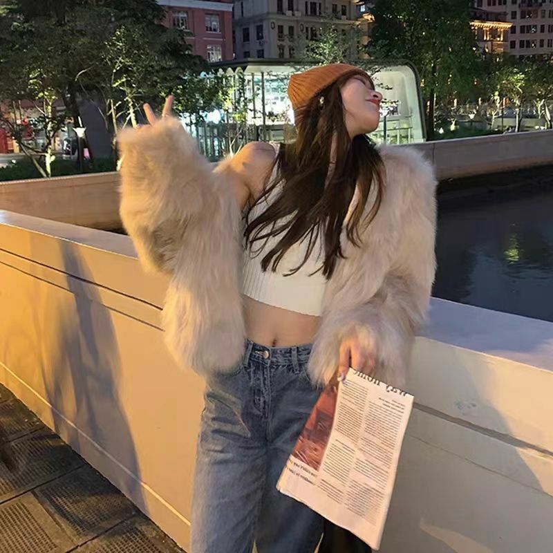 Luxury Brand Fluffy Fur Coat Women Short Faux Fur Jacket Korean Chic Long Sleeve Harajuku Y2k Fox Fur Jacket Black Mujer New