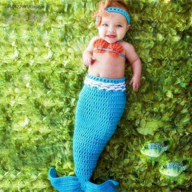 New Baby Girl Knitted Mermaid Costumes Tutu Mesh Lace Mermaid Tail Clothing Newborn Bebe Photography Props Starfish Headband
