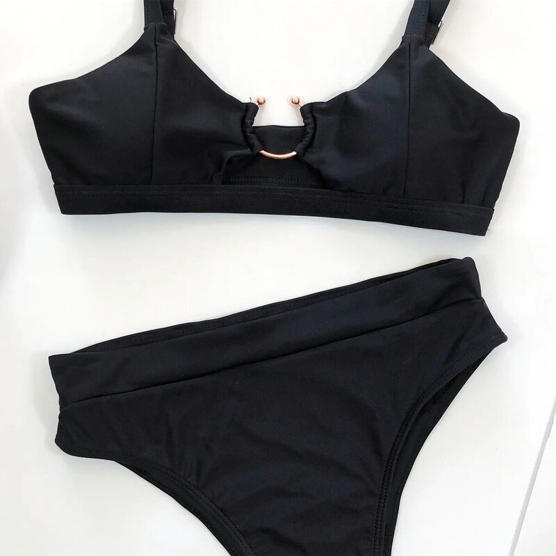 Bikini 2023 pakaian renang hitam Push Up seksi pinggang tinggi Set Bikini Solid wanita baju mandi Bikini pantai wanita penjualan laris
