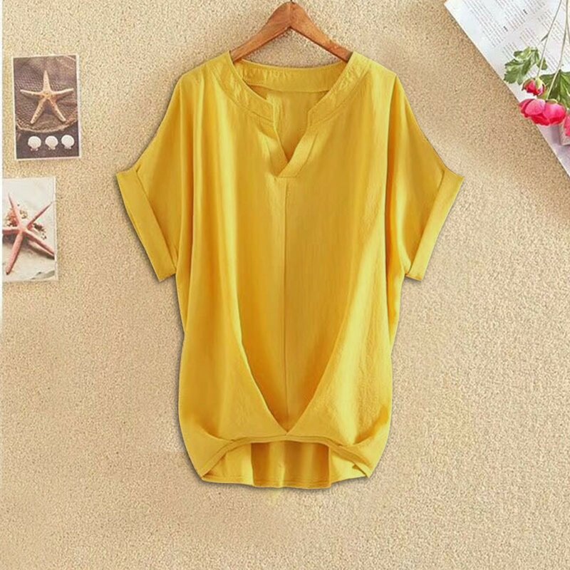 Camisas de algodón y lino para mujer, blusa de manga corta con botones y cuello en V, holgada de gran tamaño, informal, cómoda, Color sólido