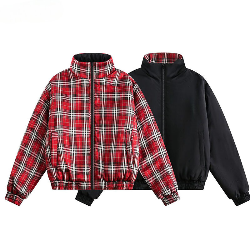 Double-sided Jacket Parka Men Women Cropped Plaid winter Thicken Stand Collar Loose Coat Street Outwear Lightweight New
