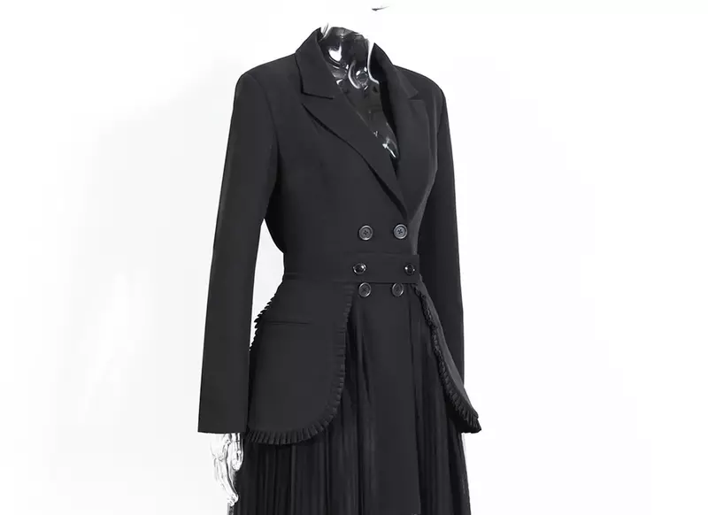 Costumes 2 pièces pour femmes noires, ensemble jupe et blazer avec ceinture, robe de Rhformelle, veste longue d'affaires, manteau à double boutonnage, dame de bureau