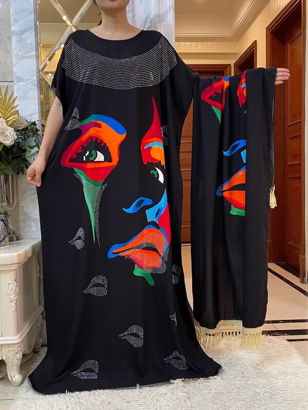 Новинка 2024, женское платье в африканском стиле, кружевной шарф, хлопковый Свободный цветочный принт, Boubou, макси, мусульманская женская абайя с коротким рукавом и бриллиантами