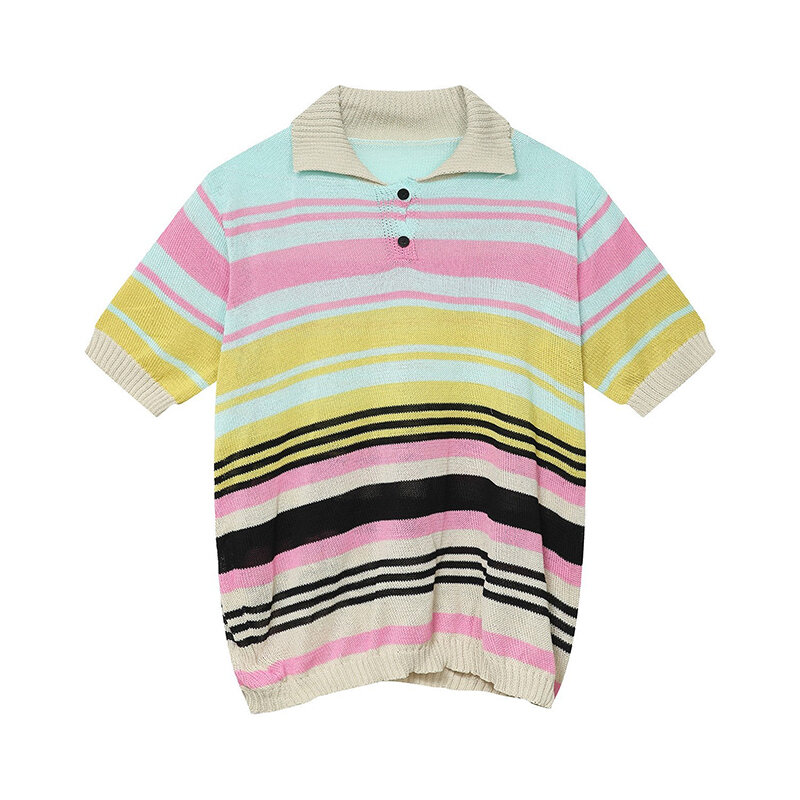 Polo rayé vintage pour hommes, tricots d'été, manches courtes, revers boutonné, tricot, décontracté, respirant, Y2K