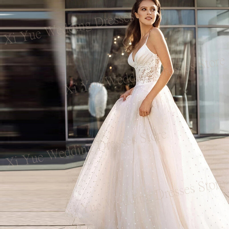2024 Charming Boho V Neck Women's Wedding Dresses Sleeveless Lace Appliques Bride Gowns Spaghetti Straps Tulle Vestidos De Novia