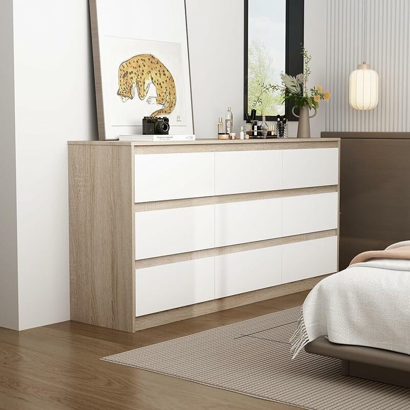 Cómoda doble moderna de madera, 9/12 cajones con gran espacio de almacenamiento/con facetas de espejo para dormitorio