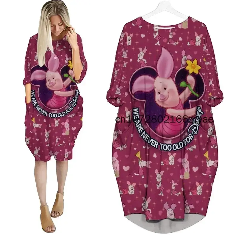 Disney Cartoon Batwing vestido de bolso feminino, leitão rosa, grande, mangas compridas, vestido de festa solto, moda versátil