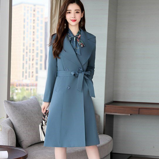 Spring Autumn Ladies Dress Suits for Office Wear Trench Coat and Knee Length Dress 2 Piece Set Women Jacket with Dresses 2 Piece