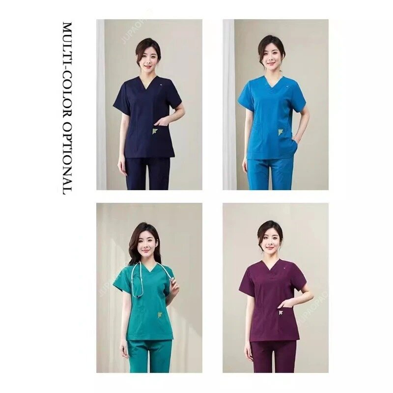 V Neck enfermeira ternos de trabalho para homens e mulheres, uniforme esfoliante, sala de cirurgia, médico Workwear, conjunto de esfrega, top e calças, cor sólida, uniformes de enfermagem