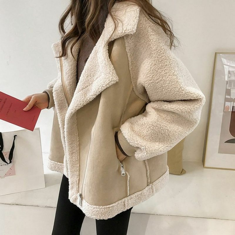Woolen Jacket Women 2023 Winter Long Sleeve Lapel Thicken Female Coat Fashion Street Zipper Pocket Loose Warm Lady Outwear