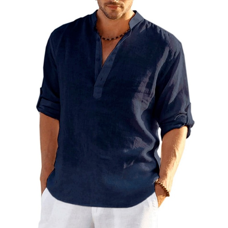 Camiseta de manga larga de lino para hombre, camisa informal suelta de Color sólido, camisa de lino de algodón de manga larga, nueva