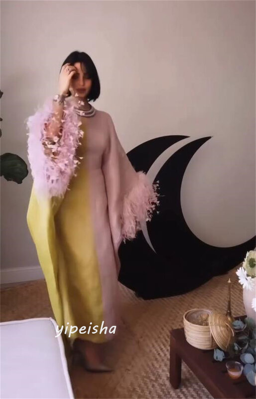 Gaun Prom Arab Saudi sifon bulu Formal malam A-line O-Neck Bespoke gaun acara Ankle-Length