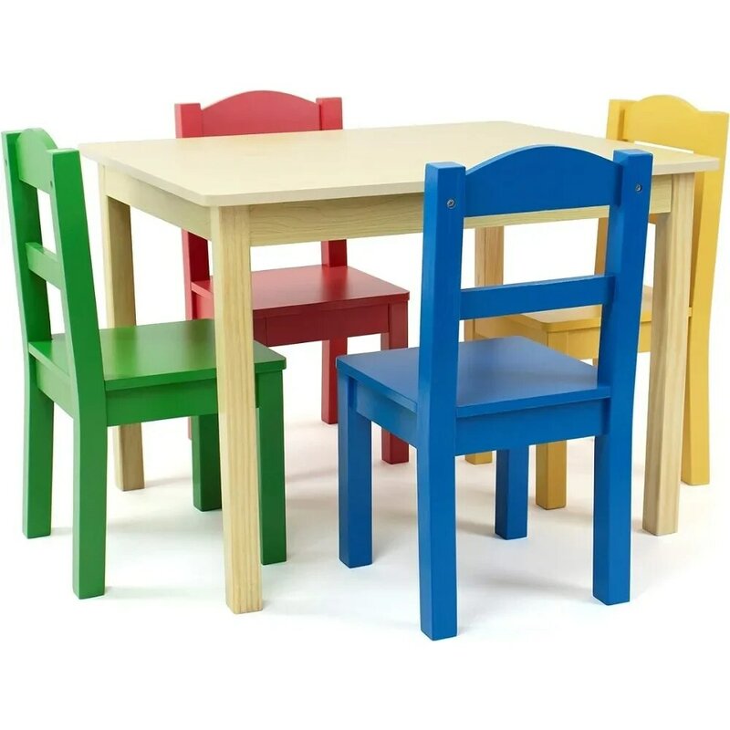 Children's wooden table and set of 4 chairs, natural/elementary
