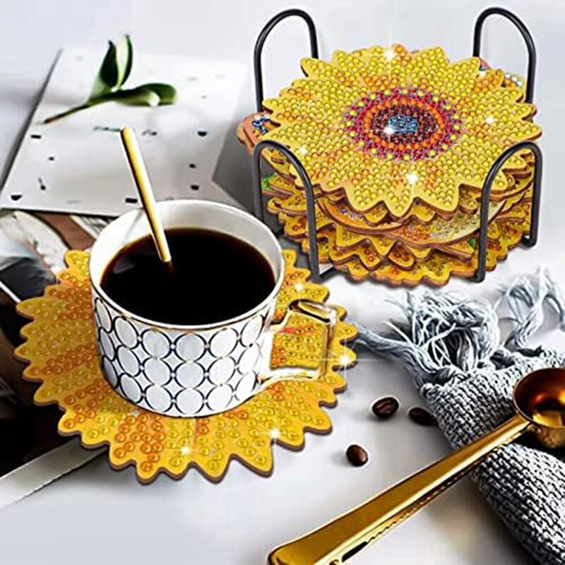 Sonnenblume Diamant Malerei Untersetzer Set mit Halterung geeignet für Anfänger, Erwachsene und Kunst handwerk Zubehör Set