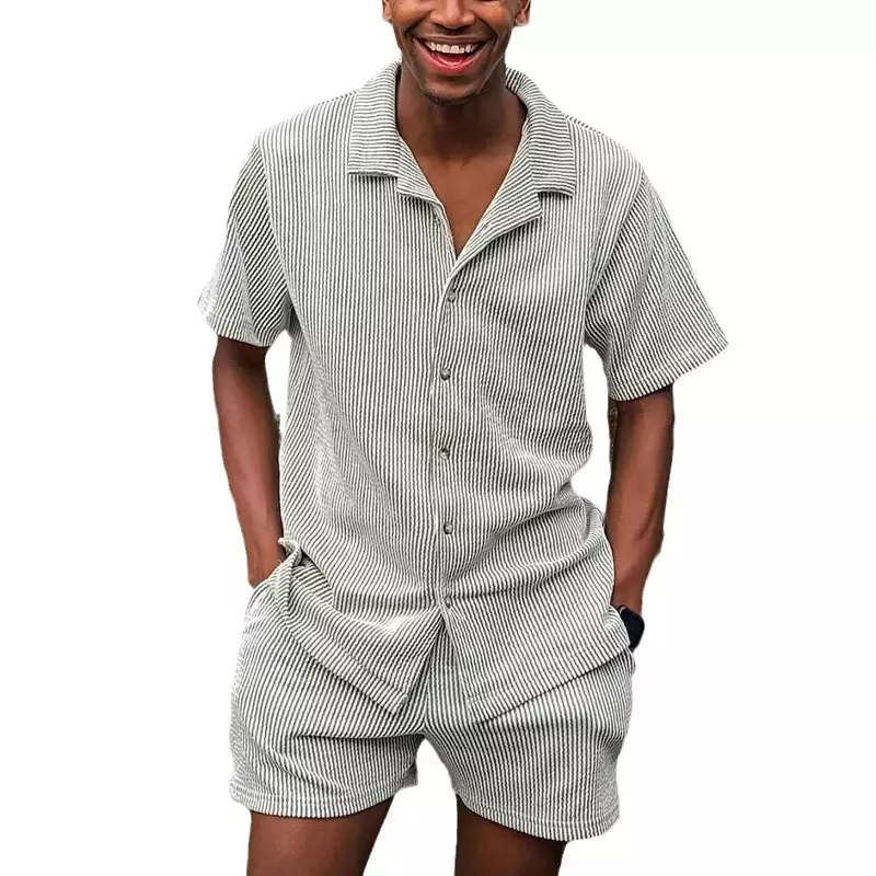 Conjunto de dos piezas de camisa y pantalones cortos con botones y solapa para hombre, traje de playa de manga corta, a rayas, Jacquard, 2024